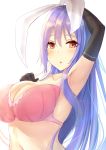  1girl absurdres animal_ears arm_up armpits bangs bare_shoulders black_gloves blue_hair blush bra breasts bunny_ears cleavage collarbone commentary_request elbow_gloves gloves hair_between_eyes hand_on_own_chest hand_up highres lace_trim large_breasts liya long_hair looking_at_viewer navel parted_lips pink_bra red_eyes reisen_udongein_inaba solo stomach touhou underwear upper_body white_background 