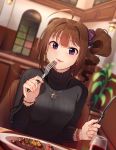  1girl ahoge alcohol black_sweater blush bracelet breasts brown_hair cup drill_hair drinking_glass eyebrows_visible_through_hair food fork holding holding_fork holding_knife idolmaster idolmaster_million_live! idolmaster_million_live!_theater_days indoors jewelry kamille_(vcx68) knife large_breasts lens_flare looking_at_viewer necklace parted_lips plate purple_eyes ribbed_sweater scrunchie short_hair side_drill sitting smile solo star star_necklace sweater table wine wine_glass yokoyama_nao 