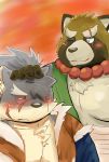  blush canid canine canis domestic_dog eye_scar gyobu headpat hi_res jewelry male male/male mammal morosuhe necklace ponytail raccoon_dog scar shino_(housamo) slightly_chubby tanuki tokyo_afterschool_summoners video_games 