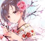  1girl bangs blush branch brown_hair closed_mouth commentary_request eyebrows_visible_through_hair floral_background floral_print flower hair_between_eyes hair_flower hair_ornament holding japanese_clothes kimono looking_at_viewer original petals pink_eyes pink_flower recotasan short_hair smile solo tree 