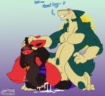  aaron_(fluffyaaron) absurd_res ambiguous_gender anthro anthro_on_anthro balls blush cum cum_inflation cum_on_ground cum_on_stomach david_(johnithanial) duo english_text hi_res inflation johnithanial lucario male male/ambiguous messy muscular muscular_male nintendo penis pok&eacute;mon pok&eacute;mon_(species) sex text typhlosion video_games 