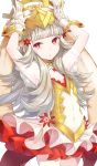  1girl animal_ears armpits arms_up bangs bare_arms blunt_bangs blush bow bunny bunny_ears bunny_tail bunnysuit center_opening commentary_request crown fake_animal_ears fire_emblem fire_emblem_heroes frilled_cuffs gloves grey_hair hair_ornament highres kemonomimi_mode long_hair looking_at_viewer navel nintendo pantyhose parted_lips red_eyes ringozaka_mariko sidelocks simple_background solo stomach tail veronica_(fire_emblem) white_background wrist_cuffs 