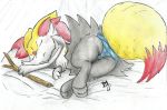  3_toes black_fur bottomless braixen branch clothed clothing dipstick_tail eyes_closed female fluffy fluffy_tail fullfolka fur hi_res inner_ear_fluff multicolored_tail nintendo panties pok&eacute;mon pok&eacute;mon_(species) rear_view red_fur red_nose sleeping solo toes traditional_media_(artwork) underwear video_games white_fur yellow_fur 