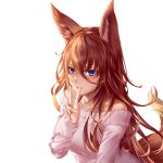  1girl animal_ear_fluff animal_ears bangs blue_eyes blush breasts collarbone eyebrows_visible_through_hair fox_ears fox_girl fox_tail hair_between_eyes highres long_hair long_sleeves looking_at_viewer mole mole_under_eye off-shoulder_sweater off_shoulder open_mouth orange_hair original pink_sweater simple_background smile solo sweater tail upper_body v white_background yuzuriha_(pixiv_14248010) 