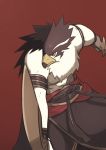  1boy beak dual_wielding egyptian_mythology feathers furry harusame10000 holding horus male_focus original red_background sash serious shirtless simple_background solo sword weapon 