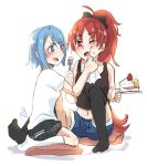  black_tank_top blue_eyes blue_hair blush cake cherry denim denim_shorts food food_on_face fork frown fruit lokiyoe mahou_shoujo_madoka_magica miki_sayaka miniskirt napkin one_eye_closed pillow red_eyes red_hair sakura_kyouko shirt shorts signature skirt tank_top white_shirt wife_and_wife wiping_mouth yuri 