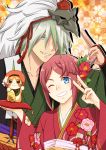  1boy 1girl bangs blue_eyes braid checkered checkered_background dezel_(tales) floral_print flower green_eyes green_hair green_kimono grin hair_flower hair_ornament hair_over_one_eye holding japanese_clothes kimono looking_at_viewer one_eye_closed parted_bangs print_kimono red_flower red_hair red_kimono rose_(tales) saklo short_hair sidelocks silver_hair single_braid smile tales_of_(series) tales_of_zestiria v 