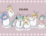  &gt;_&lt; 2boys 5girls antennae aqua_hair aqua_neckwear blonde_hair blue_hair blue_scarf blush bow bowtie brown_hair chibi commentary_request floral_background hachune_miku hair_ornament hairclip hatsune_miku kagamine_len kagamine_rin kaito megurine_luka meiko multiple_boys multiple_girls necktie pink_hair pylori_kin_no_uta_(vocaloid) scarf solid_oval_eyes utamaru_(konomix) vocaloid yellow_neckwear zipper 