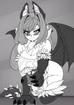  1girl 2018 animal_ears blush claws cup drink eyebrows_visible_through_hair fur greyscale highres looking_at_viewer manticore_(monster_girl_encyclopedia) melakan monochrome monster_girl monster_girl_encyclopedia paws shirt simple_background slit_pupils smile tail wings 