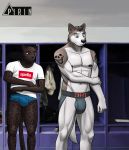  2019 5_fingers anthro black_nose blue_eyes bulge canid canine canis clothed clothing digital_media_(artwork) domestic_dog duo felid fur jockstrap leopard malamute male mammal melanistic muscular muscular_male nipples pantherine penis_outline pirin-apex spots spotted_fur tattoo underwear 
