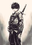  1boy armor black_hair fantasy jun_(seojh1029) monochrome short_hair sketch sword weapon 