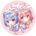  2girls :d animal_ears bangs blue_dress blue_eyes blue_hair blue_legwear blush bunny_ears bunny_girl bunny_tail cat_ears cat_girl cat_tail cherry_blossoms chibi closed_mouth dress eyebrows_visible_through_hair fang fish_hair_ornament hair_between_eyes hair_ornament heart long_hair maid_headdress multiple_girls object_hug onka open_mouth original pleated_dress red_eyes red_hair sakura_(usashiro_mani) smile socks standing stuffed_animal stuffed_carrot stuffed_fish stuffed_toy tail thighhighs usashiro_mani white_legwear 