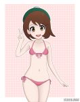  1girl belly beret bikini breasts brown_eyes brown_hair creatures_(company) eyebrows female_protagonist_(pokemon_swsh) game_freak hat kunaless matching_hair/eyes nintendo open_mouth pokemon pokemon_(game) pokemon_swsh short_hair solo stomach swimsuit v 