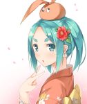  1girl :o aqua_hair blush eyebrows eyebrows_visible_through_hair floral_print flower gradient gradient_background green_eyes hair_flower hair_ornament hat japanese_clothes kimono looking_at_viewer monogatari_(series) ms-07-b3 nisemonogatari obi ononoki_yotsugi petals profile sash short_hair solo v 