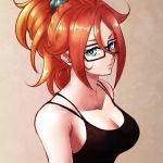  1girl alternate_costume alternate_hairstyle android android_21 arms_at_sides bare_arms bare_shoulders black-framed_eyewear black_tank_top blue_eyes breasts brown_hair cleavage collarbone commentary_request curly_hair dragon_ball dragon_ball_fighterz female glasses gradient gradient_background grey_background hair_between_eyes hair_ornament hair_up high_ponytail large_breasts long_hair looking_at_viewer lowres neck parted_lips ponytail scrunchie shiny shiny_hair simple_background solo st62svnexilf2p9 tank_top upper_body 