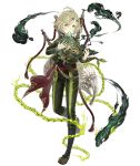  1boy ahoge asymmetrical_bangs bagpipes bangs chains cropped_jacket frown full_body green_eyes green_hair hair_ornament hairclip instrument instrument_on_back ji_no leaf looking_at_viewer music ocarina official_art pants pinocchio_(sinoalice) playing_instrument sash sinoalice smoke solo stitched_mouth stitches transparent_background 