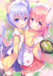  2girls :d animal_ears apron asymmetrical_docking bangs black_legwear blue_eyes blue_hair blue_skirt blush bow breast_press breasts bunny_ears cat_ears cat_girl cat_tail commentary_request dango day eyebrows_visible_through_hair fish_hair_ornament flat_chest food frilled_apron frilled_skirt frills hair_between_eyes hair_ornament hanami hand_up highres holding holding_food holding_tray japanese_clothes kimono long_hair long_sleeves looking_at_viewer maid_headdress medium_breasts multiple_girls onka open_mouth original outdoors parted_lips pink_bow pink_hair purple_eyes red_skirt sakura_(usashiro_mani) sanshoku_dango skirt smile tail tail_raised thighhighs tray tree usashiro_mani wa_maid wagashi white_apron wide_sleeves yellow_kimono 