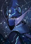  1boy armor blue_eyes blue_hair cape covered_mouth duel_monster fishfall glass glowing glowing_armor helmet highres mask medium_hair reflection shooting_star sky slit_pupils solo space sparkle star star_(sky) starry_sky yu-gi-oh! 