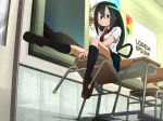  1girl asui_tsuyu black_hair boku_no_hero_academia breasts brown_footwear chair frog_girl hair_between_eyes hair_rings kneehighs long_hair looking_at_viewer low-tied_long_hair necktie pleated_skirt red_neckwear school_uniform shoes short_sleeves sit skirt solo 