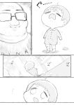  2boys =_= age_difference aki_ral balding bowl_cut chibi comic emphasis_lines eyes_closed faceless faceless_male fat fat_man glasses greyscale highres kindergarten_uniform kneeling monochrome multiple_boys original running shoe_removed shoes silent_comic single_shoe solid_circle_eyes sweat 