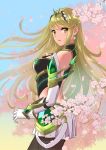  1girl bare_shoulders black_legwear blonde_hair breasts cherry_blossoms cowboy_shot dress earrings elbow_gloves flower gem glint gloves hikari_(xenoblade_2) jewelry large_breasts light_particles nintendo ooshima_aki open_mouth pink_flower pleated_dress short_dress solo sparkle straight_hair tiara xenoblade_(series) xenoblade_2 yellow_eyes 