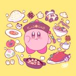  animal_costume chopsticks cup flower food hat kirby kirby_(series) kisaragi_yuu_(fallen_sky) looking_at_viewer maxim_tomato meat nintendo no_humans noodles panda panda_costume pink_flower pot ramen signature simple_background solo star stew teacup teapot tomato tongue tongue_out waddle_dee yellow_background 