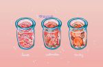  artist_name english_text food fruit gradient gradient_background heart highres leaf meyoco no_humans original peach pink_background pudding sparkle transparent watermelon watermelon_seeds 