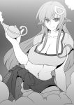  1girl 2019 breasts cloud eyebrows_visible_through_hair greyscale hair_between_eyes hair_ornament highres lamia lamp large_breasts long_hair looking_at_viewer melakan miia_(monster_musume) monochrome monster_girl monster_musume_no_iru_nichijou oil_lamp pointy_ears scales slit_pupils smile smoke very_long_hair 