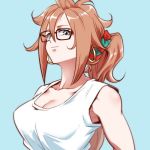  1girl alternate_hairstyle android_21 black-framed_eyewear blue_background blue_eyes breasts brown_hair cleavage closed_mouth collarbone commentary_request curly_hair dragon_ball dragon_ball_fighterz earrings flat_color glasses hair_ornament hair_up high_ponytail hoop_earrings jewelry long_hair looking_at_viewer lowres medium_breasts ponytail scrunchie shirt smile solo st62svnexilf2p9 tank_top upper_body very_long_hair white_shirt 