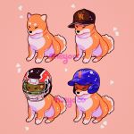  animal animal_focus artist_name baseball_cap baseball_helmet blue_helmet brown_hat dog football_helmet hat helmet highres meyoco no_humans original pink_background shiba_inu simple_background sitting sparkle sportswear 