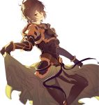  1boy armor brown_hair fingerless_gloves gloves granblue_fantasy hood hood_down leggings makita_(homosapiensu) male_focus open_mouth red_eyes sandalphon_(granblue_fantasy) short_hair smile solo white_background 