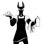  2019 ankh anthro anubian_jackal anubis apron bangle black_and_white black_fur canid canine canis clothed clothing coffee_maker cup deity digital_media_(artwork) ear_piercing egyptian fur hi_res hladilnik jackal jewelry male mammal monochrome muscular necklace nervous piercing shirt solo sweat sweatdrop t-shirt tea_cup waiter 