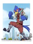  anthro avian bird boots bulge canid canine canis car city clothed clothing eclipsewolf eye_patch eyewear falco_lombardi footwear fox fox_mccloud macro male mammal nintendo rampage smile star_fox stomping vehicle video_games wolf wolf_o&#039;donnell 