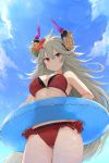 1girl ahoge armpits bangs bare_arms bare_shoulders bikini blue_sky blush breasts cleavage closed_mouth cloud cole collarbone commentary_request day draph eyebrows_visible_through_hair flower frilled_bikini frills granblue_fantasy grey_hair hair_between_eyes hair_flower hair_ornament holding horn_ornament horns innertube large_breasts long_hair looking_at_viewer outdoors red_bikini red_eyes sky smile solo standing sunlight swimsuit thalatha_(granblue_fantasy) thighs underboob very_long_hair 