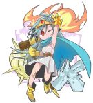  1girl arm_up blue_cape blue_hair boots cape circlet dragon_quest dragon_quest_iii dress eyebrows_visible_through_hair fire full_body gem gloves hair_between_eyes holding holding_staff ice jamir legs_apart long_hair one_eye_closed open_mouth outline red_eyes sage_(dq3) sleeveless sleeveless_dress solo staff v-shaped_eyebrows white_dress white_outline yellow_footwear yellow_gloves 