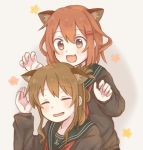  2girls :d ^_^ animal_ears bangs black_serafuku blush brown_eyes brown_hair cat_ears claw_pose closed_eyes commentary_request eyes_closed fang folded_ponytail hair_ornament hairclip hand_up ikazuchi_(kantai_collection) inazuma_(kantai_collection) kantai_collection kemonomimi_mode long_sleeves multiple_girls neckerchief nekorone open_mouth red_neckwear school_uniform serafuku short_hair sidelocks smile upper_body 