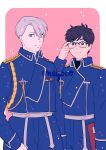  2boys adjusting_eyewear amestris_military_uniform black_hair blue-framed_eyewear blue_eyes blue_jacket blue_pants brown_eyes cowboy_shot eyebrows_visible_through_hair fullmetal_alchemist grey_hair hair_between_eyes highres jacket katsuki_yuuri long_sleeves looking_at_viewer meyoco military military_jacket military_uniform multiple_boys pants pink_background short_hair smile sparkle uniform viktor_nikiforov yuri!!!_on_ice 