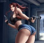  1girl ass black_lagoon breasts brown_eyes brown_hair denim denim_shorts dual_wielding fingerless_gloves flowerxl gloves gun handgun holding large_breasts long_hair looking_at_viewer ponytail revy short_shorts shorts smile solo weapon 