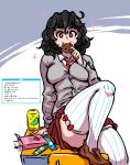  +_+ 1girl :3 akairiot black_hair breasts brown_eyes can candy cardigan character_profile commentary cookie desk english_commentary food food_in_mouth grey_cardigan highres leg_up loafers medium_breasts medium_hair meme necktie on_desk original pocky red_skirt school_uniform screentones shindan_maker shoes sitting skirt soda_can solo sparkle striped striped_legwear thighs unmoving_pattern vertical-striped_legwear vertical_stripes white_legwear 