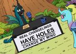  2019 ambiguous_gender changeling crown cup drone_(mlp) english_text fangs feral friendship_is_magic group hair hole_(anatomy) horn my_little_pony outside pony-berserker queen_chrysalis_(mlp) text 