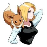  1girl android_18 arm_up blonde_hair blue_eyes blush breasts closed_mouth collarbone commentary_request creatures_(company) cropped_torso crossover dragon_ball dragonball_z eevee game_freak gen_1_pokemon long_sleeves looking_at_viewer lowres nintendo pokemon pokemon_(creature) pokemon_on_shoulder shirt short_hair solo st62svnexilf2p9 striped striped_shirt upper_body white_background 