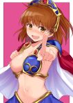  1girl :d absurdres ahoge arle_nadja armor bare_arms blue_skirt blush breasts brown_eyes brown_hair cape cccpo cleavage collarbone commentary_request embarrassed foreshortening hand_on_own_chest headgear highres looking_at_viewer medium_breasts navel nipples nose_blush open_mouth pointing puyopuyo red_cape revealing_clothes short_hair shoulder_armor skirt smile solo stomach sweat upper_body wavy_mouth 