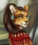  anthro black_nose brown_hair ear_piercing ear_ring eyelashes felid female fur green_eyes hair jaguar looking_at_viewer mammal pantherine piercing smile solo spots spotted_fur tan_fur vashaa 