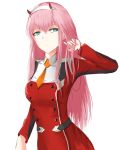  1girl absurdres adjusting_hair breasts cowboy_shot darling_in_the_franxx expressionless green_eyes hair_between_eyes hand_in_hair highres huijin_zhi_ling long_hair looking_at_viewer medium_breasts necktie pink_hair solo white_background yellow_neckwear zero_two_(darling_in_the_franxx) 