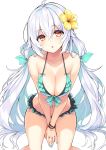  1girl ahoge aqua_nails bangs bare_arms bare_shoulders between_legs bikini blush breasts brown_eyes cleavage collarbone cu-no eyebrows_visible_through_hair fingernails flower frilled_bikini frills green_bikini hair_between_eyes hair_flower hair_ornament hand_between_legs head_tilt hisenkaede large_breasts leaning_forward long_hair looking_at_viewer nail_polish navel open_mouth orange_eyes original parted_lips rapua_qive sidelocks silver_hair simple_background sitting solo swimsuit very_long_hair white_background wristband yellow_flower 