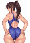  1girl adjusting_clothes adjusting_swimsuit ass bare_shoulders breasts brown_eyes brown_hair cameltoe commentary_request competition_swimsuit hifumi_(art_sky_littel) highres light_smile lips long_hair looking_to_the_side one-piece_swimsuit original ponytail school_swimsuit shiny shiny_skin simple_background skindentation solo swimsuit thigh_gap thighs white_background wide_hips 