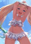  1girl arms_up ass_visible_through_thighs bikini bikini_skirt blonde_hair blue_eyes blush breasts child cloud cloudy_sky dark_skin flower frilled_bikini frills from_below gradient_hair granblue_fantasy groin hair_flower hair_ornament io_euclase layered_bikini light_particles long_hair looking_at_viewer multicolored_hair navel open_mouth p_answer rainbow_hair shirt shirt_removed skirt sky small_breasts solo standing stomach sunlight swimsuit thighs twintails undressing white_shirt 