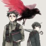  2boys ahoge asuna_(doruru-mon) beak bird birdmen black_hair black_hat black_neckwear black_wings brown_background character_request closed_mouth hat highres holding holding_umbrella looking_back multicolored multicolored_wings multiple_boys necktie red_eyes red_wings scarf simple_background spiked_hair standing striped striped_scarf talons top_hat umbrella wings 
