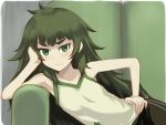  1girl :| armpit_peek black_pants blush camisole closed_mouth collarbone commentary_request couch flat_chest green_eyes green_hair green_trim hand_on_hip hand_on_own_head highres hiyajou_maho indoors long_hair looking_at_viewer menomorute messy_hair on_couch pants reclining sketch solo steins;gate steins;gate_0 sweatpants thick_eyebrows v-shaped_eyebrows very_long_hair white_camisole 
