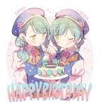  2girls ;q alternate_hairstyle bang_dream! beret blue_hat blue_vest blush_stickers bow bowtie braid cake cat character_name cherry_blossoms clenched_hand collared_shirt commentary_request dog earrings feeding flower food fork happy_birthday hat hat_flower hikawa_hina hikawa_sayo holding holding_fork jewelry looking_at_another multiple_girls one_eye_closed polka_dot_neckwear red_neckwear shirt side_ponytail taneda_yuuta tongue tongue_out twin_braids upper_body vest white_shirt 